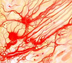 an abstract painting with red and black streaks on it's surface, showing the structure of blood vessels