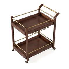 a wooden and brass serving cart with two shelves