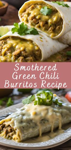 two burritos on a plate with sauce and cilantro garnishes