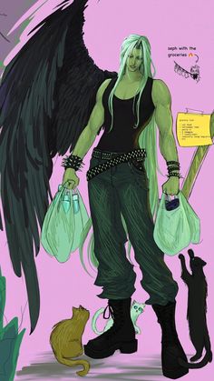 an image of a man with angel wings holding bags and a cat next to him