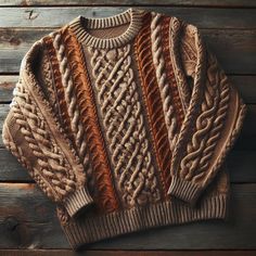 The intricate design features earthy tones of beige and rust brown, making it both stylish and warm. Made from high-quality wool, this vintage-style sweater combines traditional craftsmanship with modern fashion. Ideal for those looking to add a timeless and versatile piece to their wardrobe. Keywords: cable knit sweater, Irish sweater, wool sweater, fall fashion, winter wear, vintage sweater, cozy sweater, beige sweater, rust brown sweater, high-quality knitwear. Irish Sweater Knitting Patterns, Brown Lambswool Outerwear For Fall, Brown Merino Wool Outerwear For Fall, Beige Lambswool Sweater For Winter, Beige Lambswool Sweater For Fall, Hand Knitted Brown Outerwear For Fall, Hand Knitted Brown Sweater For Winter, Brown Wool Sweater For Fall, Cozy Brown Crew Neck Outerwear