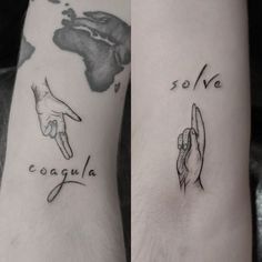 two people with tattoos on their arms that say love and cognia, while the other is pointing at them