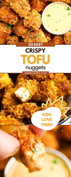 two pictures showing different types of food and the words crispy tofu nuggets