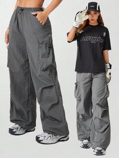 Women's Sport Cool And Stylish Parachute Design  Cargo Pants Grey Casual   Woven Fabric Plain Parachute Non-Stretch  Women Clothing, size features are:Bust: ,Length: ,Sleeve Length: Parasuit Pants Women, Acubi Sportswear, Parasut Pants Outfit, Outfits With Parachute Pants, Outfits With Grey Pants, Parashoot Pants Outfit, Grey Parachute Pants Outfit, Japan Street Wear, Grey Cargo Pants Outfit