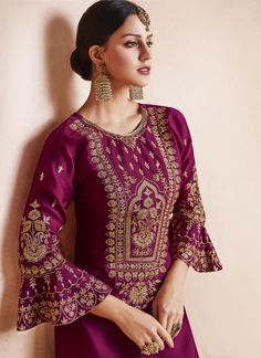 Just Launched! Georgette Satin Heavy Embroidered Semi-Stitched Salwar Suit With Organza Dupatta #HeavyEmbroideredSalwarSuit #SemiStitchedSalwarSuit #GeorgetteSatinSalwarSuit #DesignerSalwarSuit Ideas For Embroidery, Embroidery Clothes, Embroidered Kurti, Indian Designer Suits, Gaun Fashion, Dress Neck Designs, Kurti Neck Designs