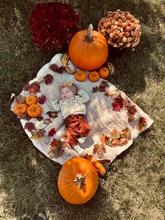 a baby laying on a blanket surrounded by pumpkins and acorns in the grass