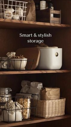 some shelves with baskets and food items on them in the kitchen, text reads smart & stylish storage