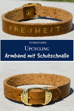 two different pictures of the same leather bracelet with gold buckles on each side and an inscription