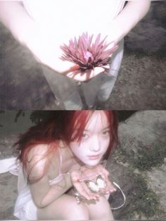 two different pictures of a woman with red hair and white dress holding a flower in her hands