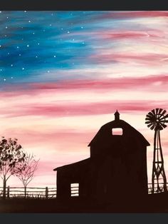 an acrylic painting of a barn and windmill at night with stars in the sky