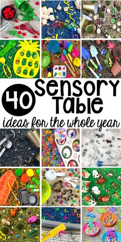 a collage of different images with the words, 10 sensory table ideas for the whole year