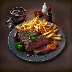 a plate with steak, fries and sauce on it