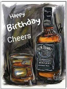 a painting of a bottle and glass with the words happy birthday cheers