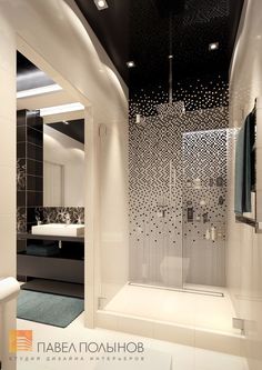 a modern bathroom with black and white decor