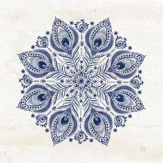 a blue and white drawing of a snowflake with paisley designs on it's sides