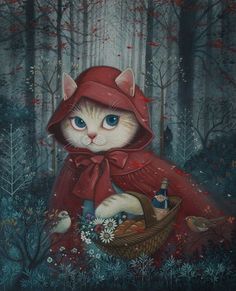 a painting of a cat wearing a red raincoat and holding a basket in the woods