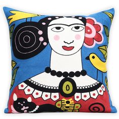 a decorative pillow with a woman's face on the front and bird on the back