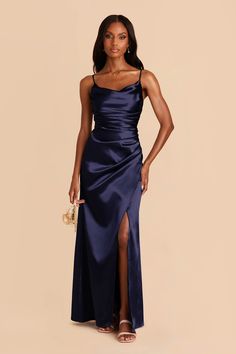 This satin cowl neck bridesmaid dress with ultra-glam ruching is ready for her day in the sun. Available in Navy. A modern mermaid skirt and cool cowl neck join forces to bring you Lydia: a showstopping bridesmaid dress for a glamorous wedding. | Navy Bridesmaid Dress Shiny Satin Size 1X | Birdy Grey Lydia Cowl Neck Bridesmaid Dress, Midnight Blue Bridesmaid Dresses, Dark Blue Bridesmaid Dresses, Navy Bridesmaid Dress, Modern Mermaid, Silk Bridesmaid Dresses, Midnight Blue Dress, Navy Blue Bridesmaids, Dark Navy Bridesmaid Dresses