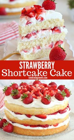 strawberry shortcake cake with white frosting and fresh strawberries on the top layer