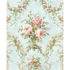 a blue floral wallpaper with pink flowers and green leaves on the top of it