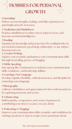 Self Development Topics, Becoming A Better Version Of Yourself, How To Get Yourself Together, How To Grow As A Person, Hobbies For Mental Health, Becoming Best Version Of Yourself, How To Grow Intellectually, 5 Hobbies You Need, How To Develop Personality