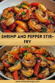 shrimp and pepper stir fry in a white bowl on a wooden table with text overlay