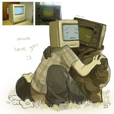 a man sitting on the ground next to an old tv and computer monitor with words written below it