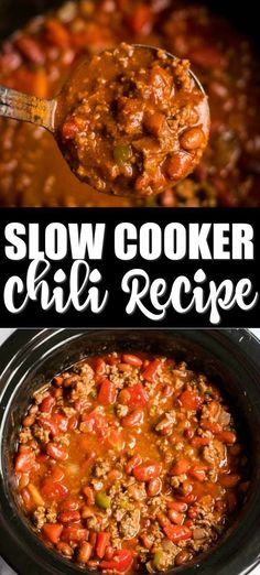 slow cooker chili recipe in the crock pot with text overlay that reads slow cooker chili recipe