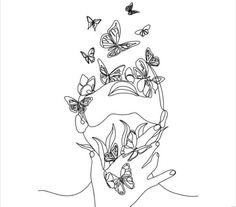 a black and white drawing of butterflies flying over a woman's face with her hands in the air