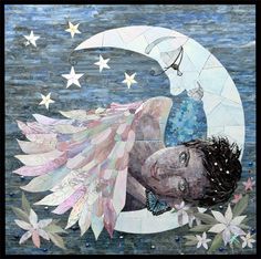 a painting of a woman laying on the moon with stars and flowers around her head