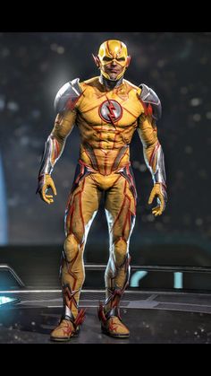 a man dressed as the flash standing on top of a stage with his hands in his pockets