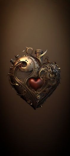 a heart shaped object with gears and mechanical parts inside on a brown background, 3d illustration