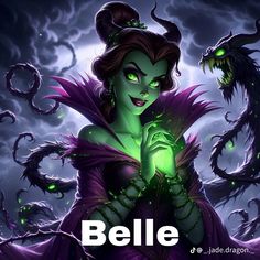 an image of a woman holding a green light in front of a dark background with the words belle on it