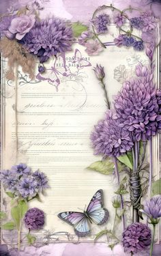 purple flowers and butterflies are in front of an old paper