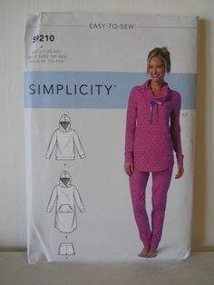 a woman in pajamas and top sewing pattern on a white background with the words simplicity written below it