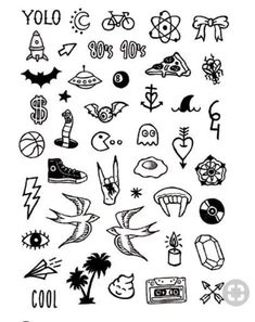 various tattoo designs and symbols on a white background