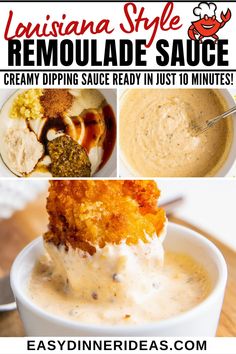 the recipe for homemade remoulade sauce is shown in four different pictures with text overlay