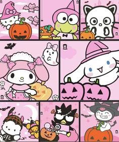 an image of hello kitty and other cartoon characters in halloween costumes with pumpkins on them