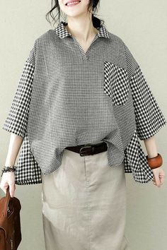 Kain Linen, Casual Tops For Women, Loose Blouse, Black Women Fashion, Mode Hijab, 가을 패션, Casual Blouse, Linen Dresses, Black Plaid