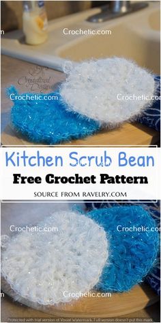 two pictures showing how to make a crochet scrubber bean for the kitchen sink