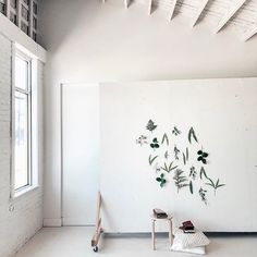 an empty room with two chairs and a plant on the wall