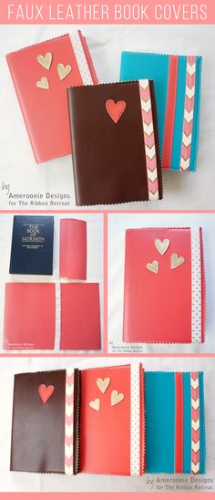 the instructions for how to make a faux leather book cover with heart cutouts on it