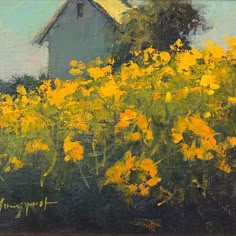 a painting of yellow flowers in front of a house