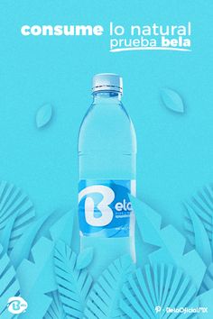 a bottle of water sitting on top of a blue background