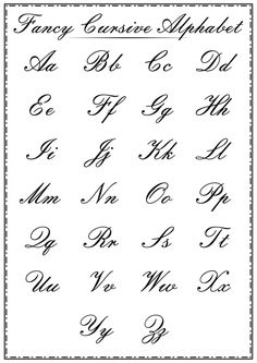 the fancy cursive alphabet is shown in black and white, with an ornate border