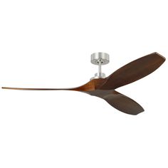 a ceiling fan with two wooden blades on the top and one light on the bottom