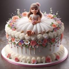 a cake decorated with flowers and a doll on top