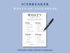 the icebreakerr what's on your phone? printable game instant download