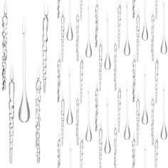 several drops of water hanging from chains on a white background, each drop different than the other