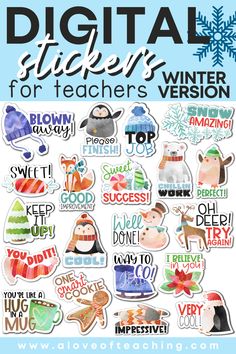 Winter digital stickers for teachers to use while grading virtual assignments. Teacher Stickers Free Printable, Stickers For Teachers, Winter Classroom Activities, Class Awards, Class Dojo, Preschool Classroom Decor, Winter Classroom, Upper Elementary Classroom